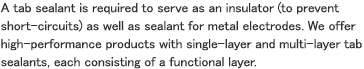 A tab sealant is required to serve as an insulator (to prevent short-circuits) as well as sealant for metal electrodes. We offer high-performance products with single-layer and multi-layer tab sealants, each consisting of a functional layer.