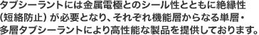 タブシーラントには金属電極とのシール性とともに絶縁性（短絡防止）が必要となり、それぞれ機能層からなる単層・多層タブシーラントにより高性能な製品を提供しております。